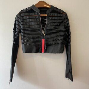 Yoki Women’s Black Faux Leather Striped Mesh Cropped Full Zip Jacket Size Medium
